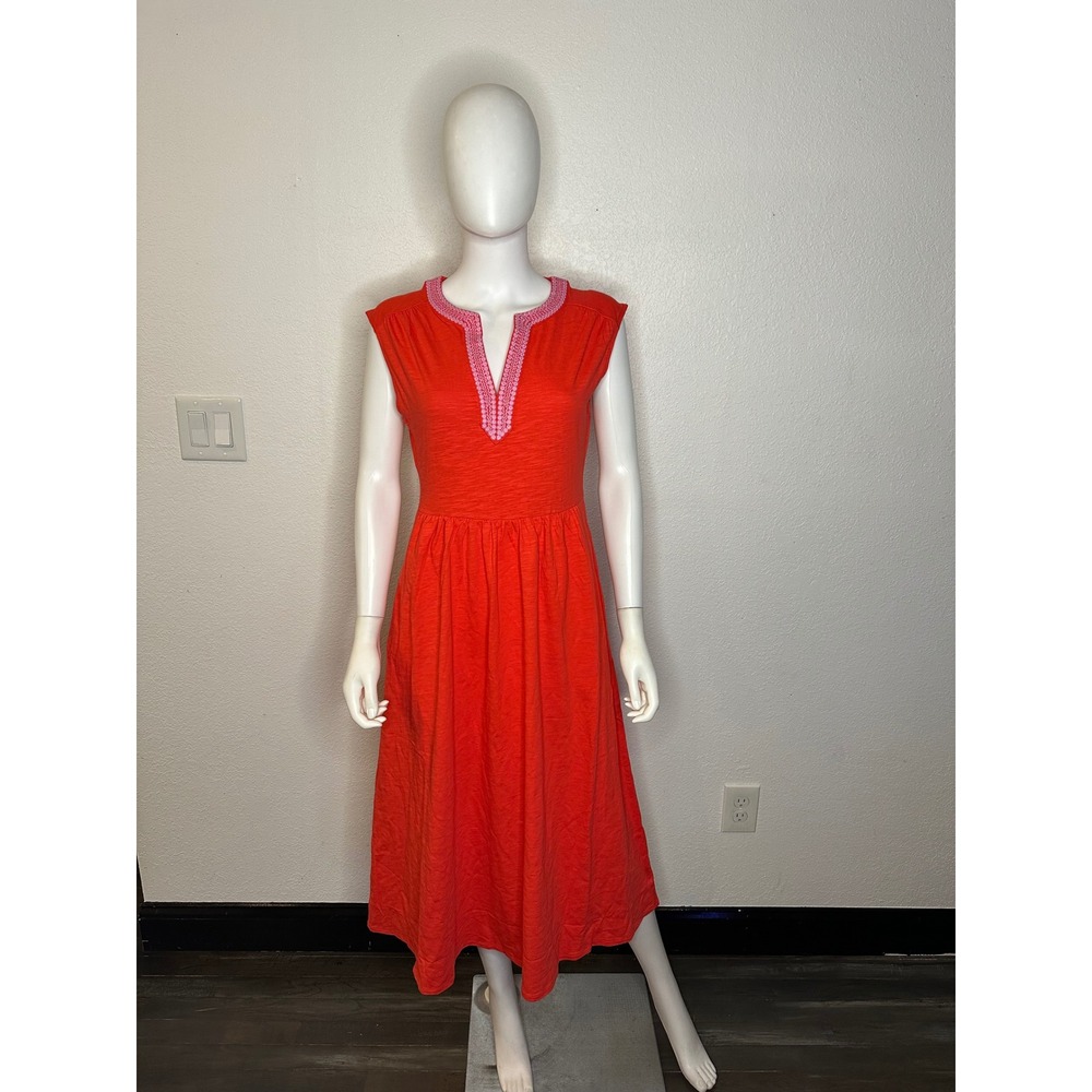 Boden Orange Embroidered V-Neck Cotton Slub Jersey Midi Dress